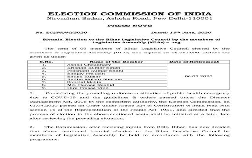 Bihar Legislative Councils elections on July 6