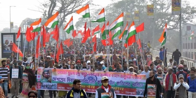 Left Front-backed AIKSCC takes out rally in support of farmers’ protest in Agartala