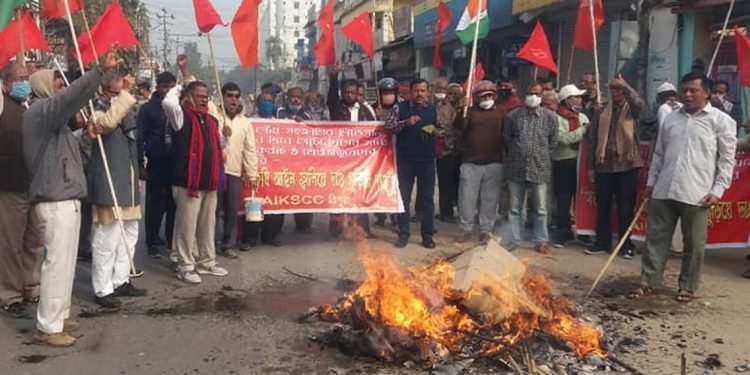 Copies of three controversial farm laws burnt in Agartala streets