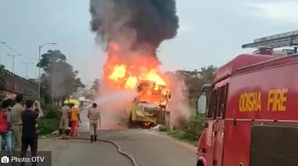 Odisha: 4 injured after bus catches fire in Bhubaneswar; admitted to hospital